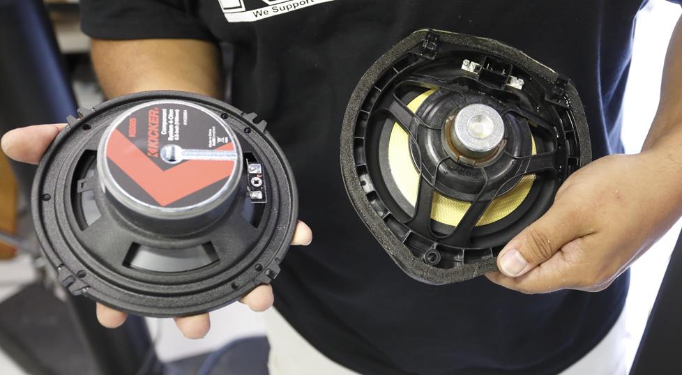 Steven compares the Kicker and factory speakers.